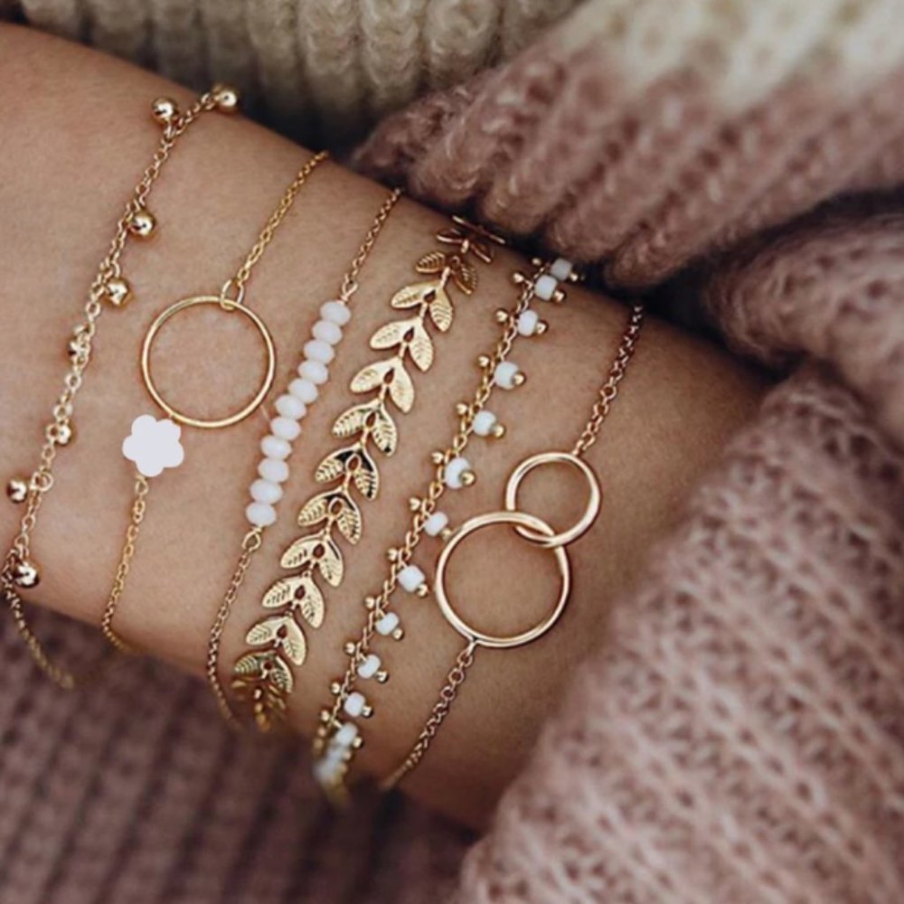 Minimalist Gold Chain‎ Beaded Charm Bracelet Set